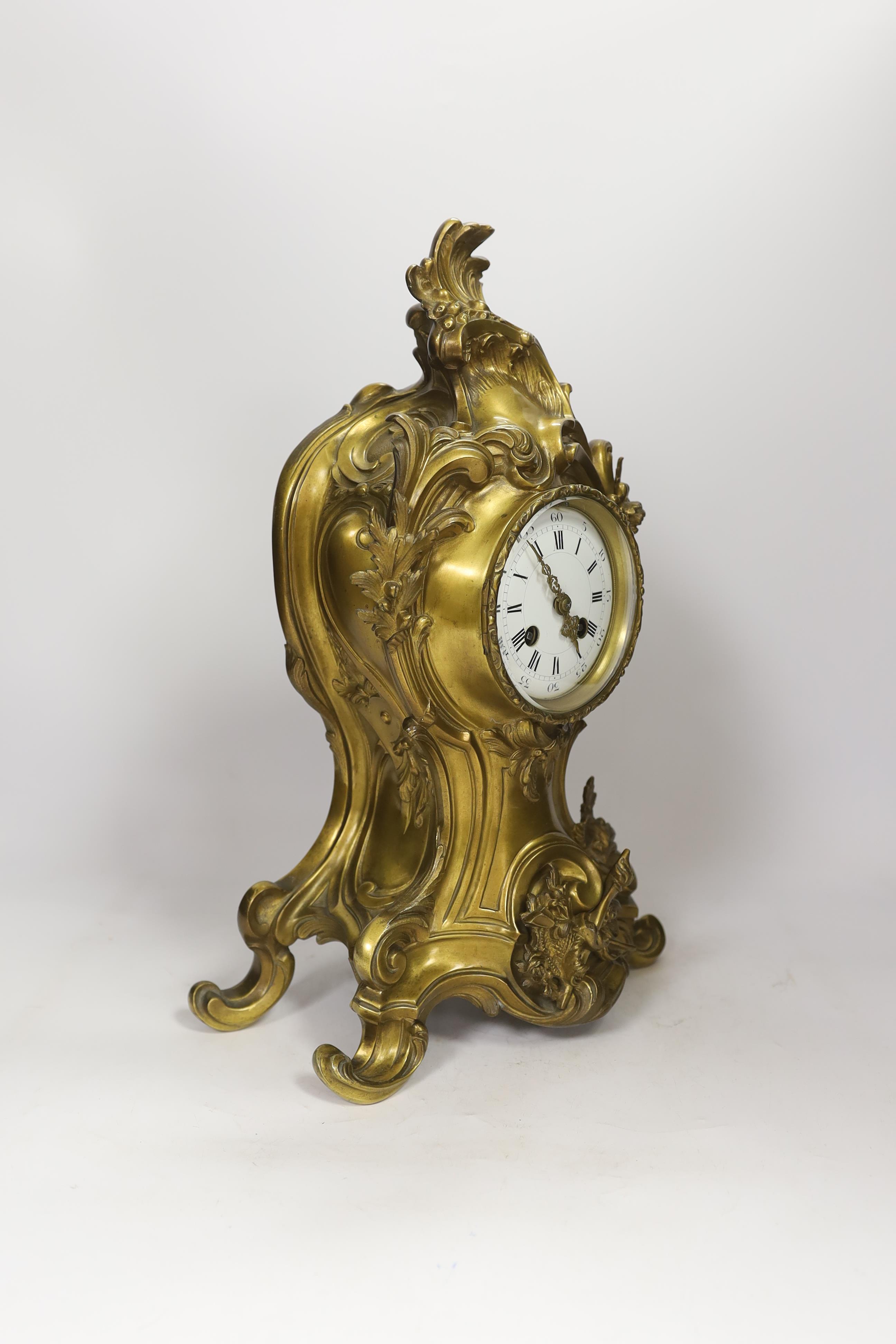 A Louis XV style bronze cartouche shaped bracket clock, 42cm